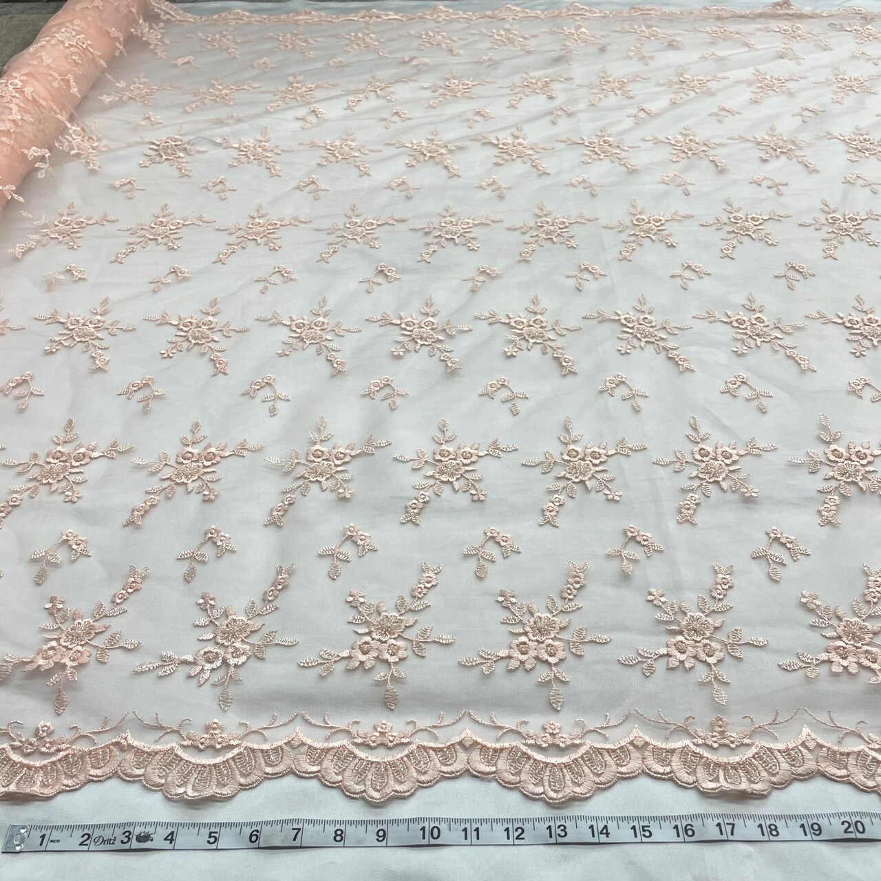 1 Yard Peach Beaded Lace Fabric Embroidered Polyester Net Mesh 53 Inch Width